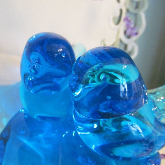 Vtg Blue Glass Double Bluebird of Happiness Bluebirds on Heart Leo Ward 1991 - Picture 11 of 16